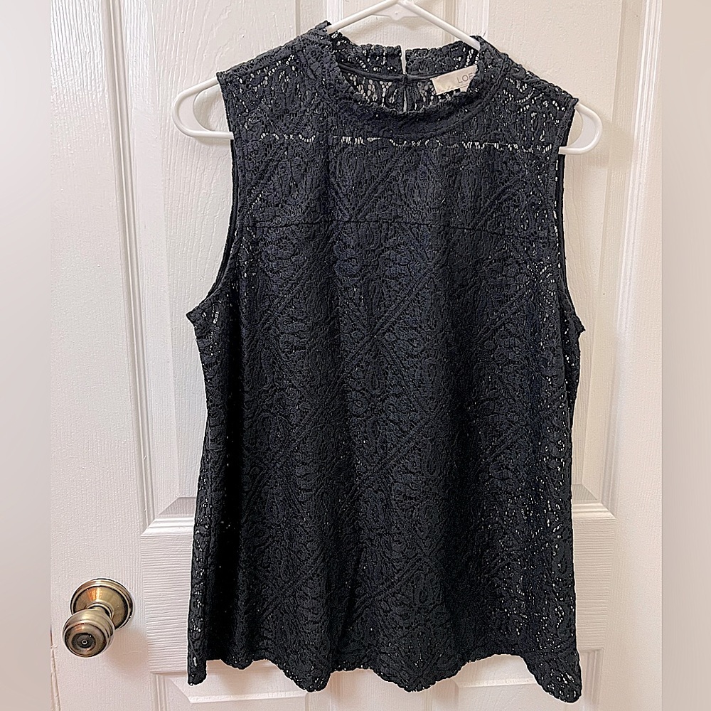 Black High Crew Neck Lace / Crochet Sleeveless Top w/ Diamond Floral Pattern